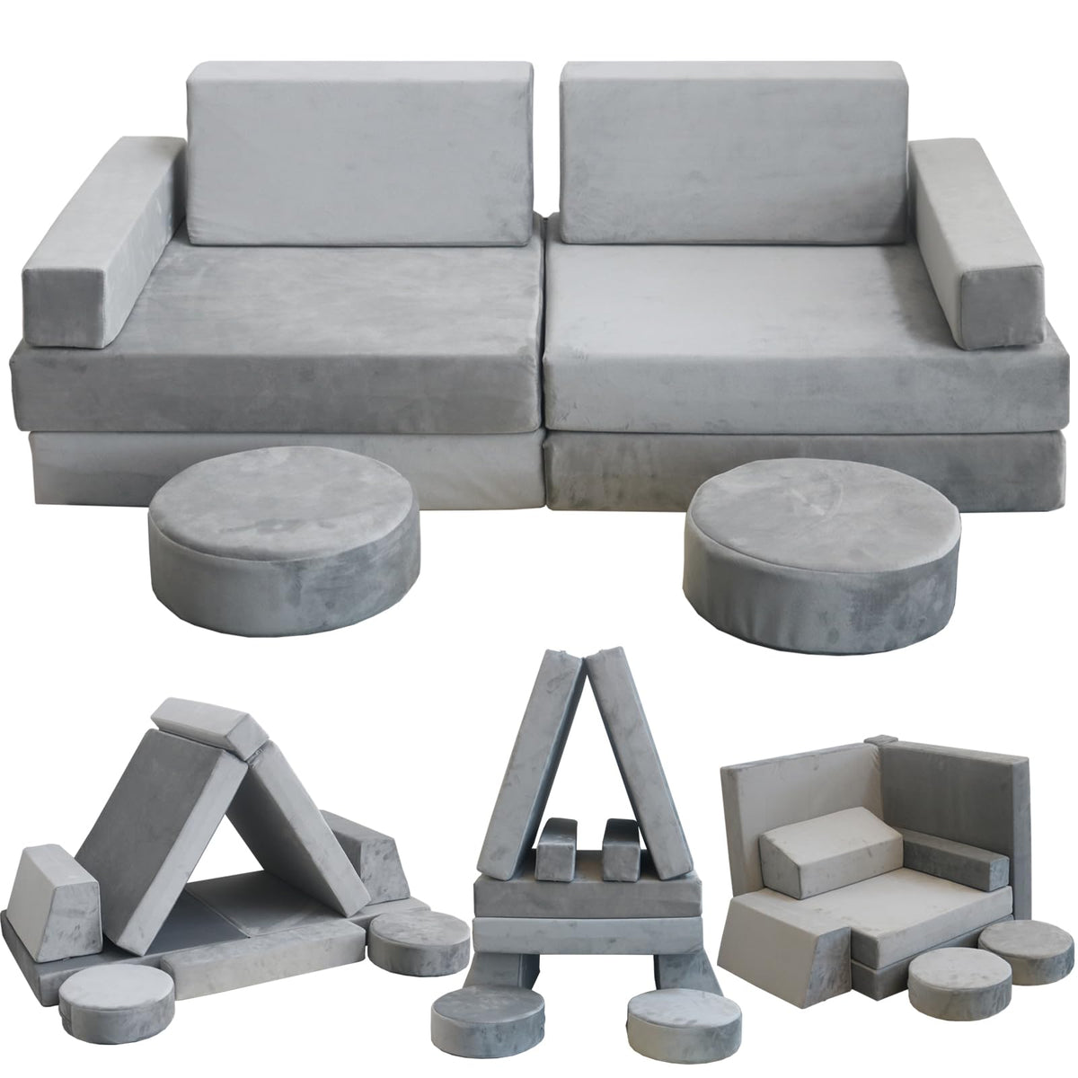 Modular Kids Play Couch, Kids Sectional Couch Sofa, Bedroom and Playroom Convertible Foam for Toddlers, Floor Cushion for Imaginative Boys and Girls (Light Grey-Suede)