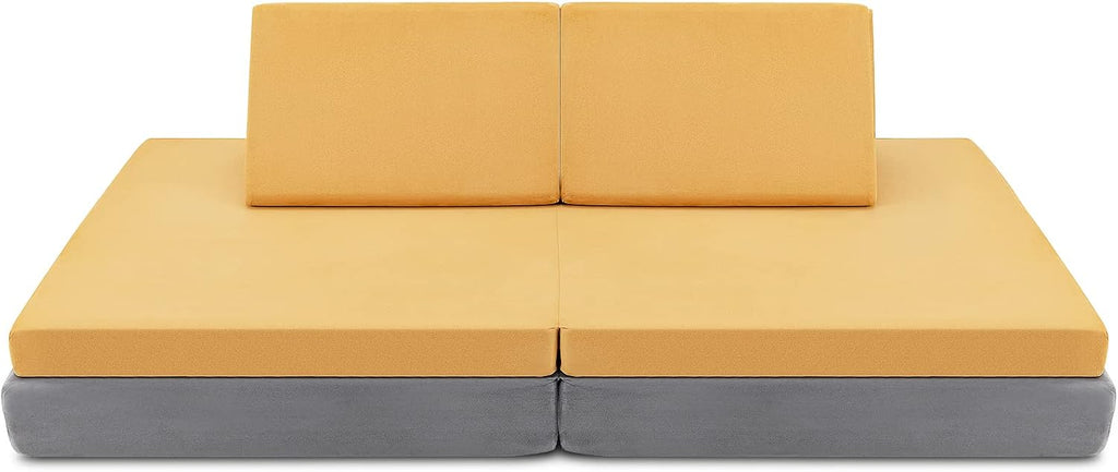 Costzon Kids Couch, 6-Piece Convertible Children's Sofa Playset or 2 Chair w/Folding Mats & 2 Pillows, Washable Cover, Toddler to Teen Bedroom Playroom Boys Girls Birthday (Yellow)