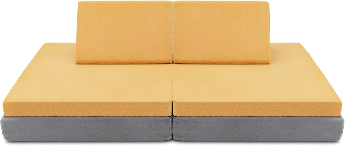 Costzon Kids Couch, 6-Piece Convertible Children's Sofa Playset or 2 Chair w/Folding Mats & 2 Pillows, Washable Cover, Toddler to Teen Bedroom Playroom Boys Girls Birthday (Yellow)