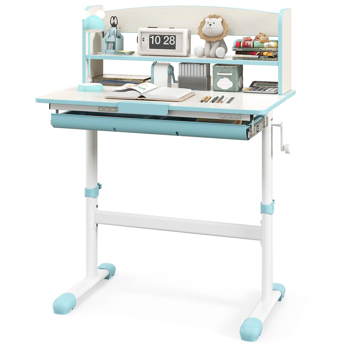 HONEY JOY Kids Desk, Children School Study Desk w/ 7-Level Tiltable Desktop, Height Adjustable Table w/Bookshelf, Pull-Out Drawer & Pen Holder, Student Writing Workstation, Desk for Girls Boys (Gray)