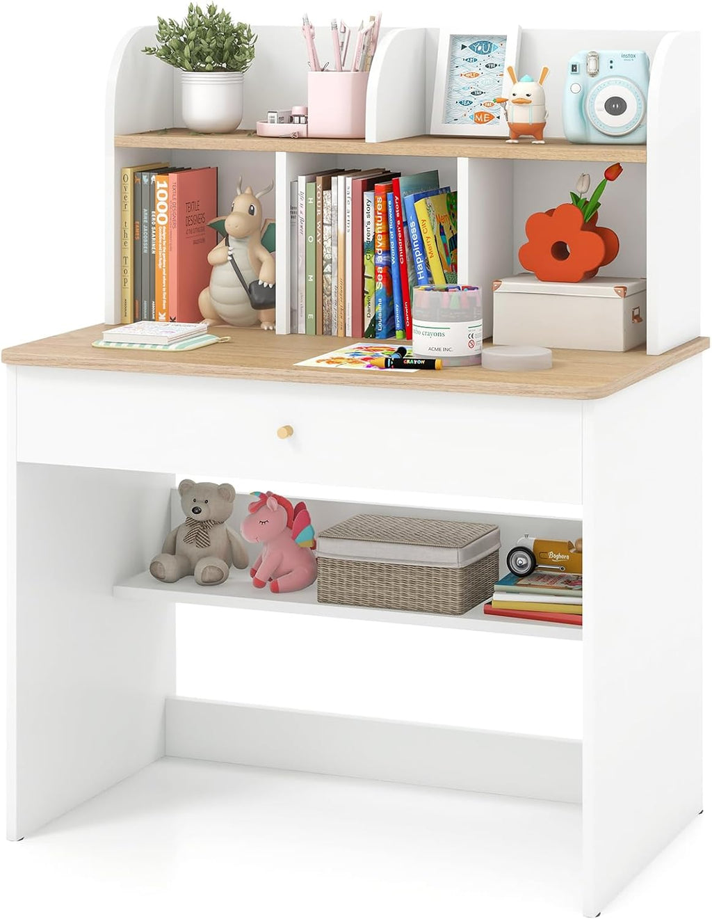 HONEY JOY White Kids Desk, Wooden Children School Study Table with Hutch, Pull-Out Drawer, Storage Shelves, Student Writing Desk Computer Workstation for Bedroom, 3+ Years Old