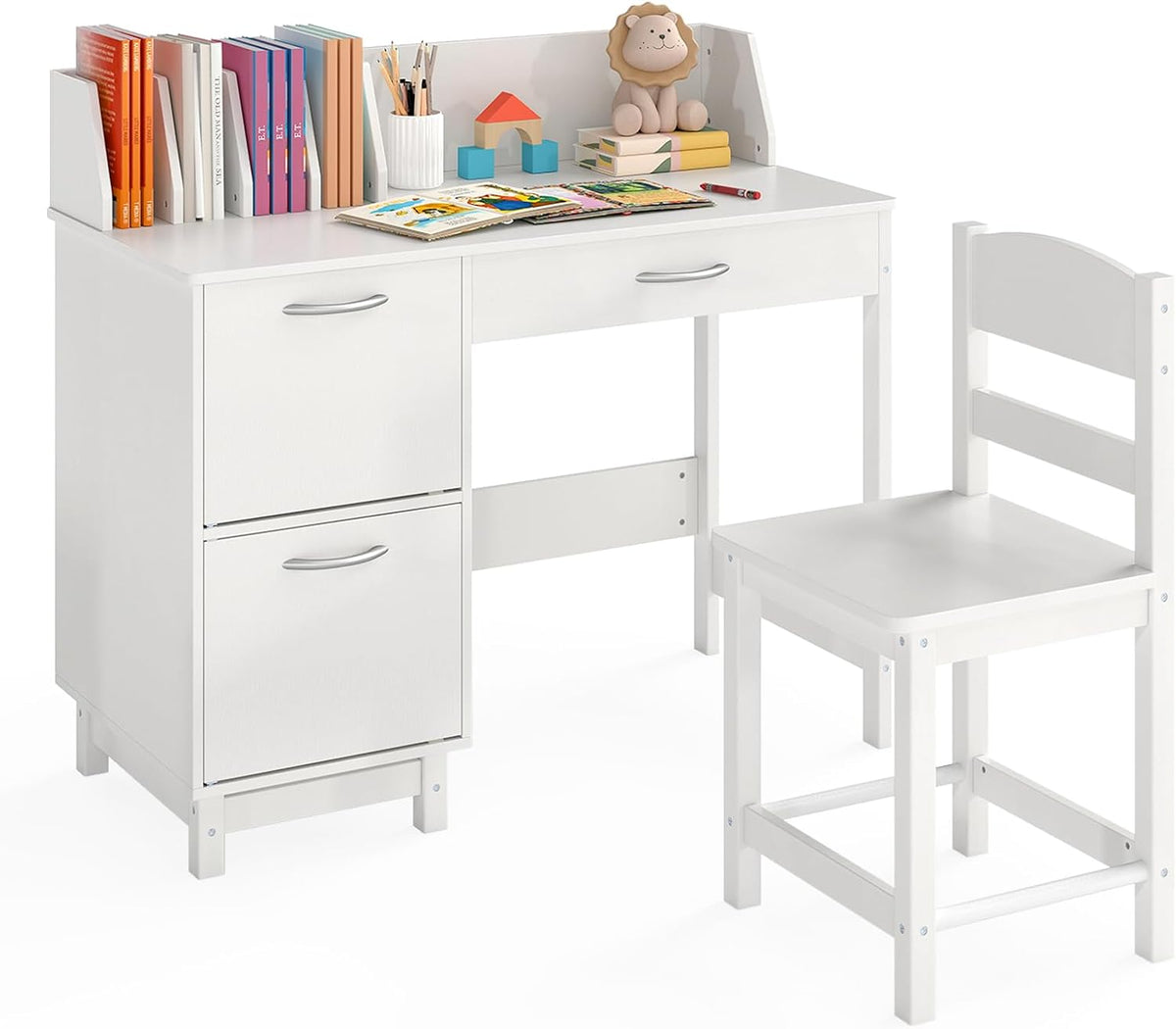 HONEY JOY Kids Desk and Chair Set, Wooden Children School Study Table and Chair w/Drawer, Storage Shelf & Cabinets, Student Computer Workstation Writing Desk for Bedroom, 3-8 Years Old (White)