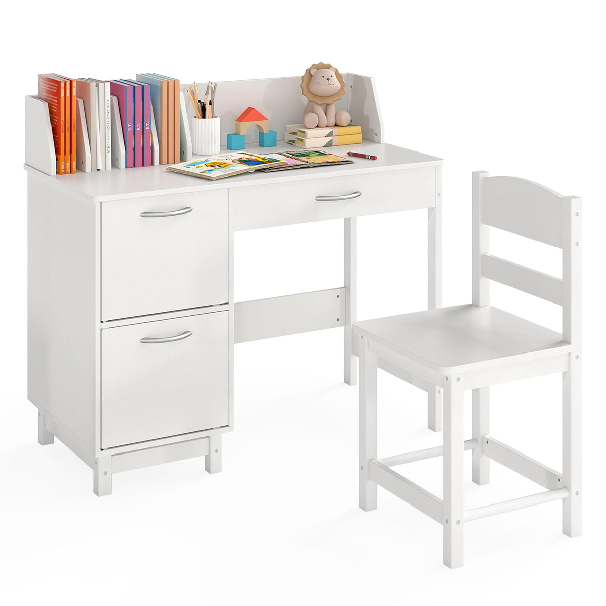 HONEY JOY Kids Desk and Chair Set, Wooden Children School Study Table and Chair w/Drawer, Storage Shelf & Cabinets, Student Computer Workstation Writing Desk for Bedroom, 3-8 Years Old (White)