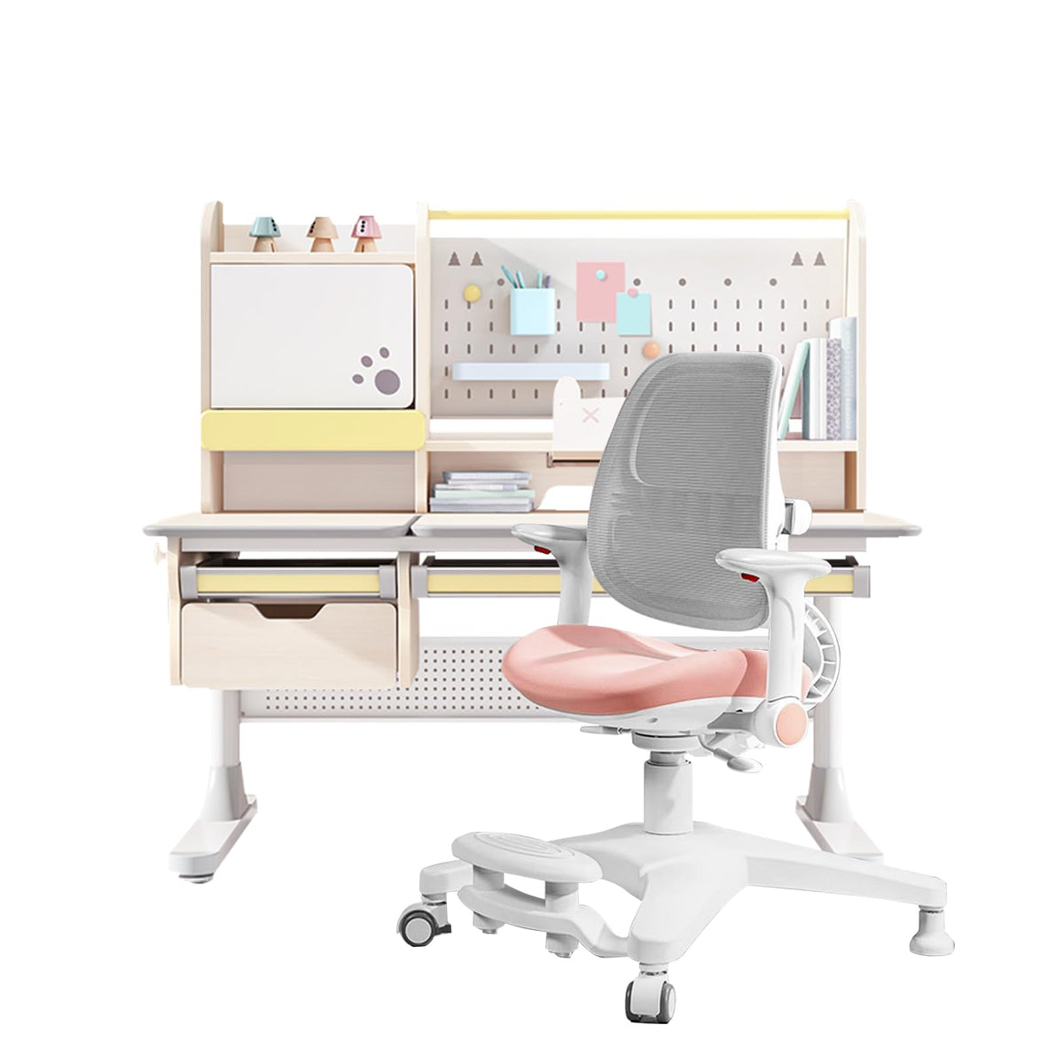 FCD Kids Desk and Chair, Wood Ergonomic Adjustable Multi Function Study Desk and Chair Set, Drafting Table and Computer Station with Tilt Desktop, Tablet Holder, Storage Cabinet and Drawers