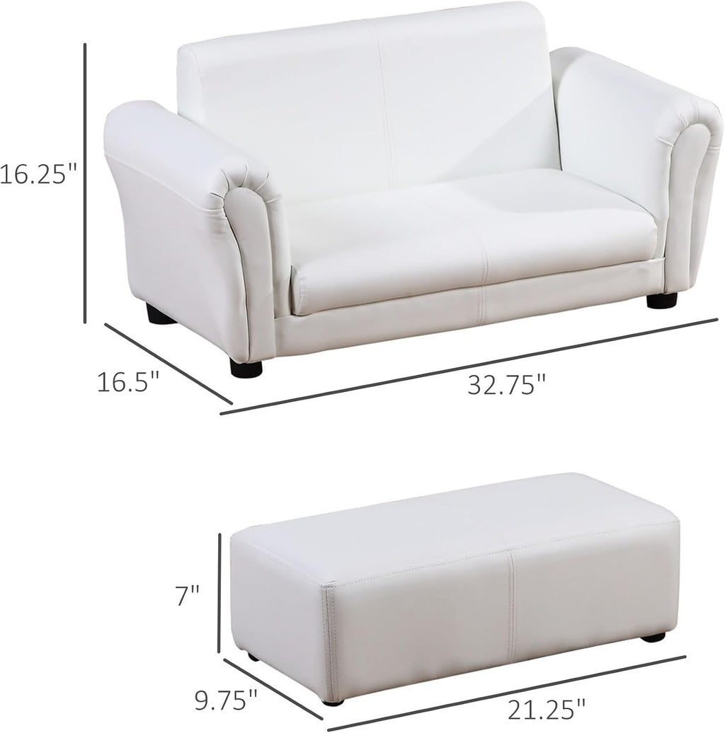 Qaba Kids Sofa with Footstool for Children, Toddler Couch for Playroom, Nursery, Living Room, Bedroom Furniture, White