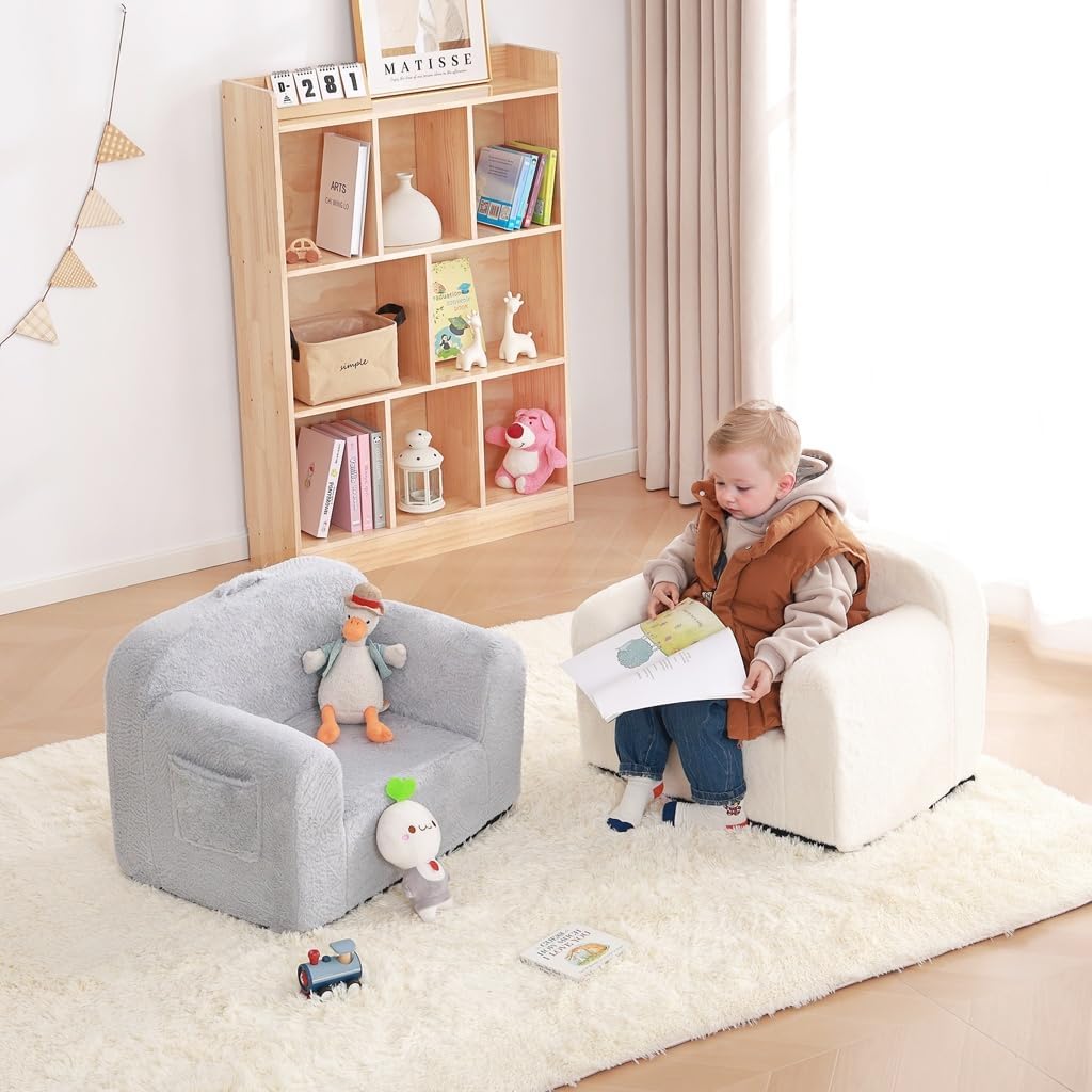 Kids Chair Plush Kids Couch, Comfy Kid Sofa Chair for Playroom, Convertible Child Couch for Playroom, Girls and Boys, Reading Chair for Kids Grey