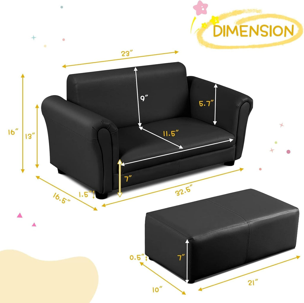 INFANS 2 Seat Children Sofa with Footstool, Sturdy Wood Construction, Armrest Couch for Preschool Kids, Kid Couch Lounge Bed with Ottoman