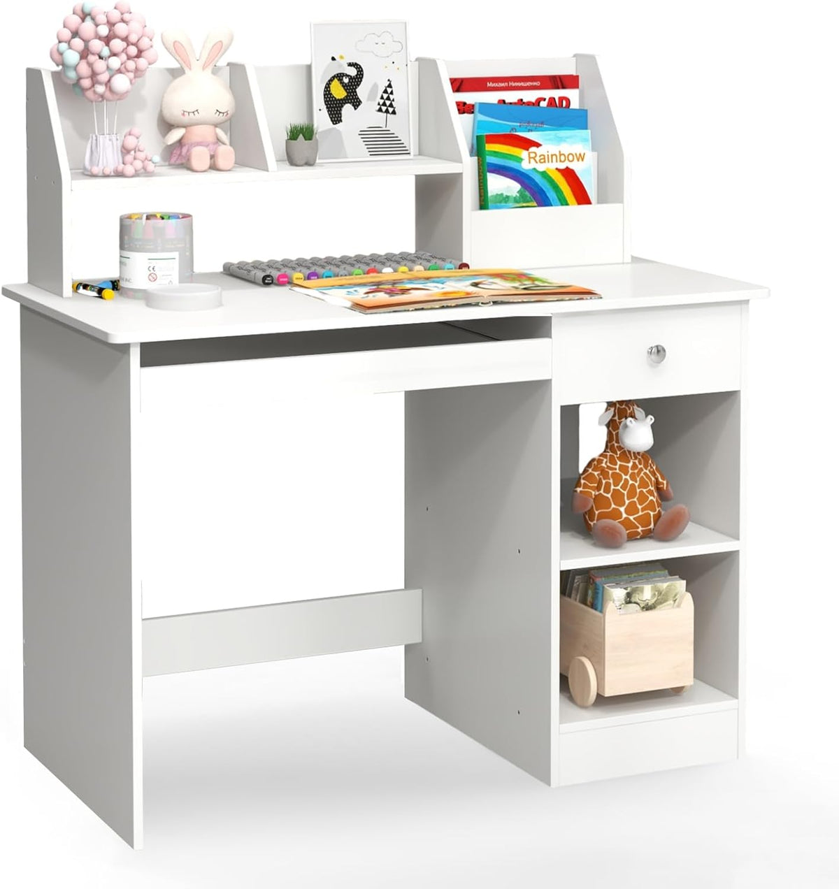 Giantex Kids Study Desk, Children Wooden Computer Desk with Hutch, Bookshelf, Keyboard Tray, Drawer, Storage Shelves, Student Writing Table Computer Workstation for Home School Use, White