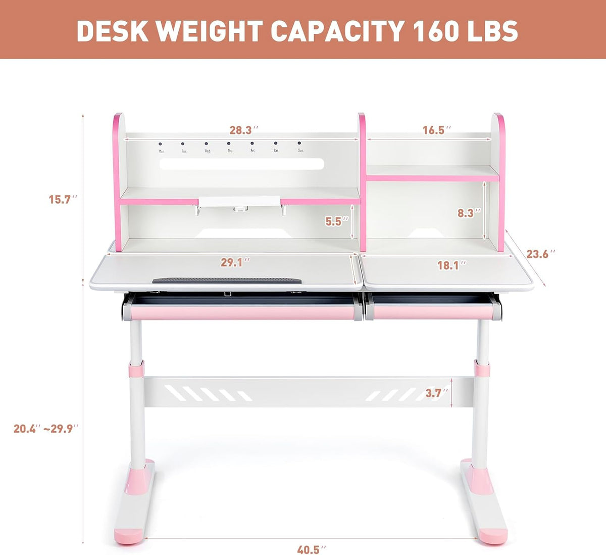 JOYLDIAS Ergonomic Kids Desk with Hutch, 47" Wide Height Adjustable Study Table for Home School, Anti-Hunchback Tilting Desktop for Reading & Drawing, Durable Student Learning Center (Pink)