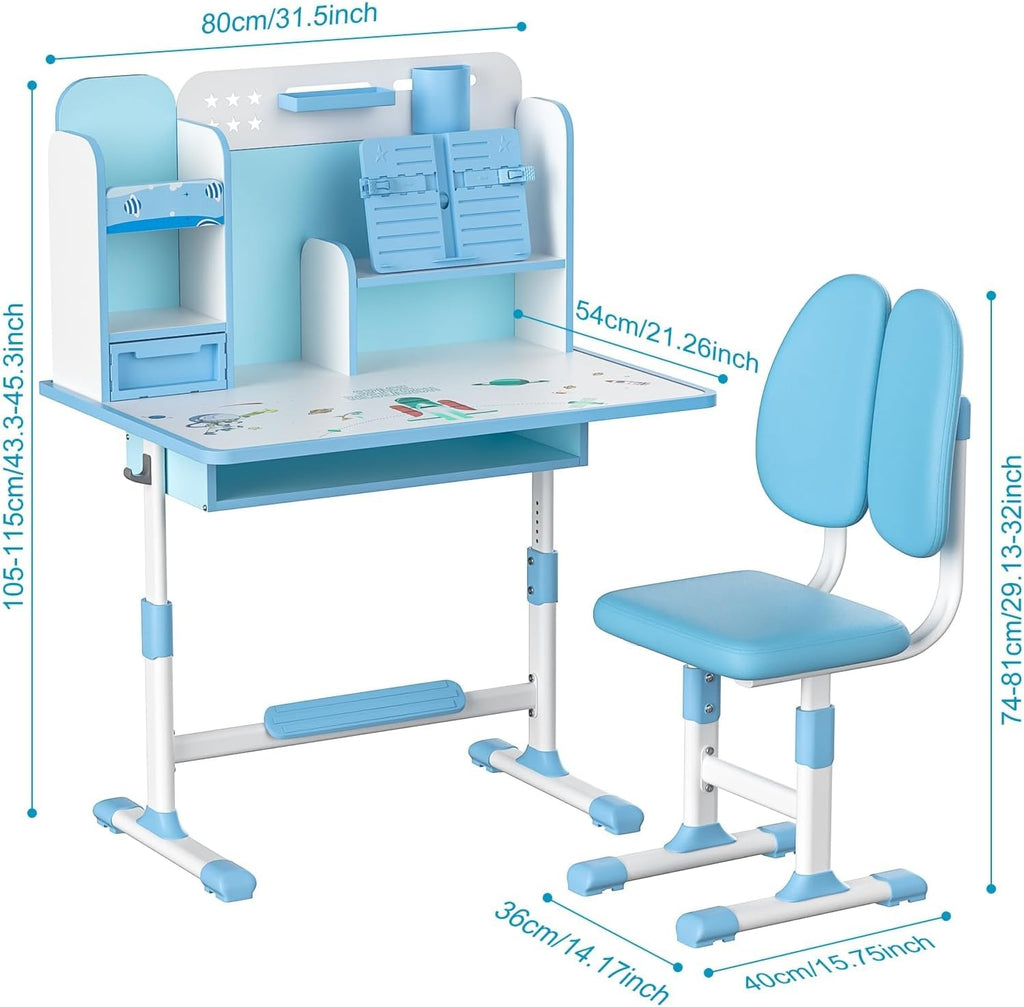 Kids Study Desk and Chair Set, Height Adjustable Kids Study Desk with Storage Drawer Bookstand,Ergonomic Desk for Kids with Desktop Children Study Desk Blue