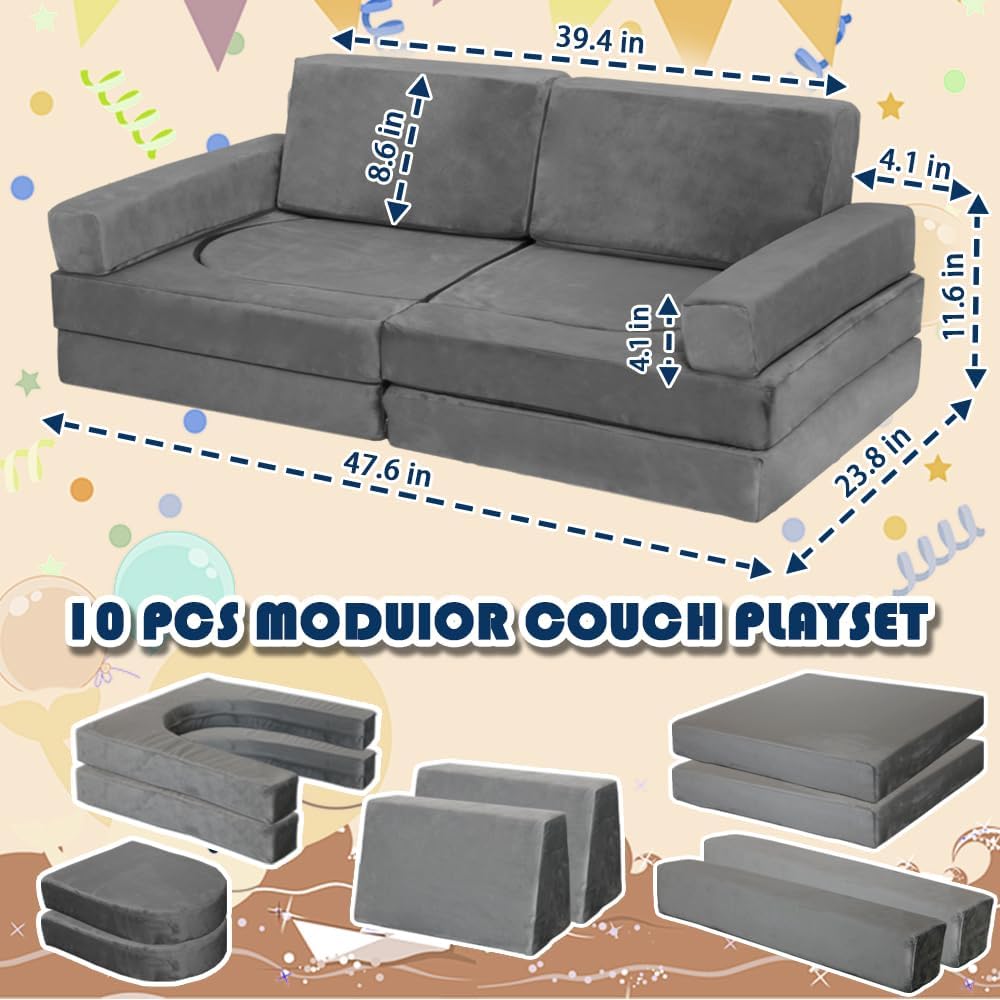 10Pcs Modular Kids Play Couch Convertible Toddler Building Fort Sofa and Cushion Child DIY Floor Sofa for Sleeping Playroom Bedroom for Boys and Girls (Dark Gray)