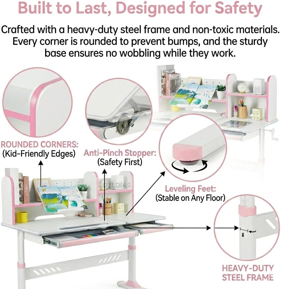 JOYLDIAS Ergonomic Kids Desk with Hutch, 47" Wide Height Adjustable Study Table for Home School, Anti-Hunchback Tilting Desktop for Reading & Drawing, Durable Student Learning Center (Pink)