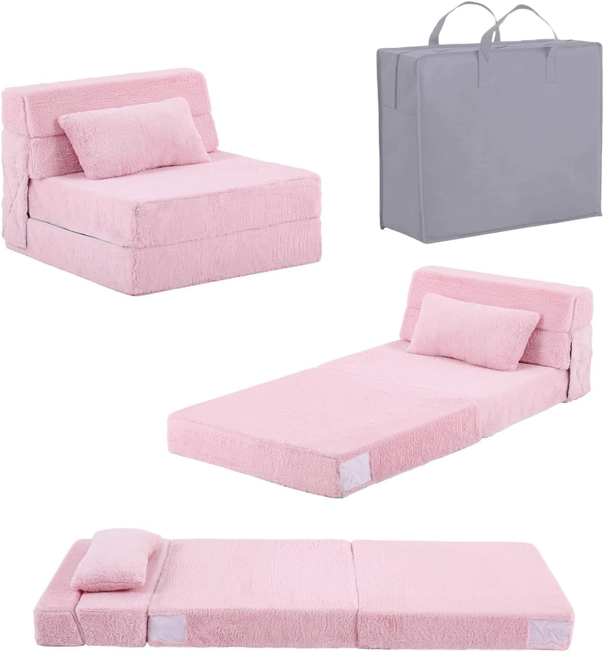 Tiita Convertible Folding Kids Sofa Bed with Pillow & Storage Bag, Plush Fabric Floor Mattress Couch Bed, Washable Cover, Kids Room, Playroom, Dorm, Apartment, Pink