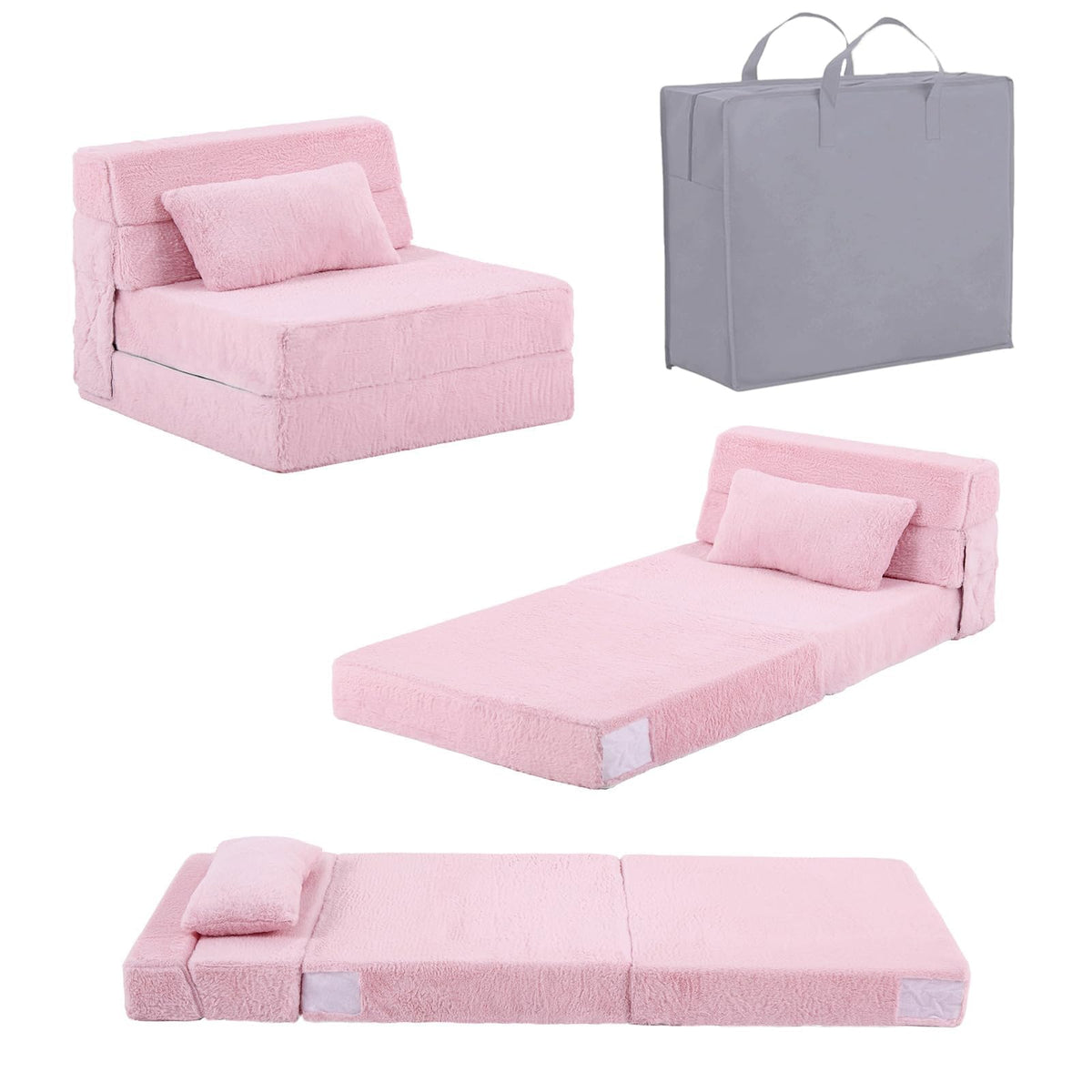 Tiita Convertible Folding Kids Sofa Bed with Pillow & Storage Bag, Plush Fabric Floor Mattress Couch Bed, Washable Cover, Kids Room, Playroom, Dorm, Apartment, Pink