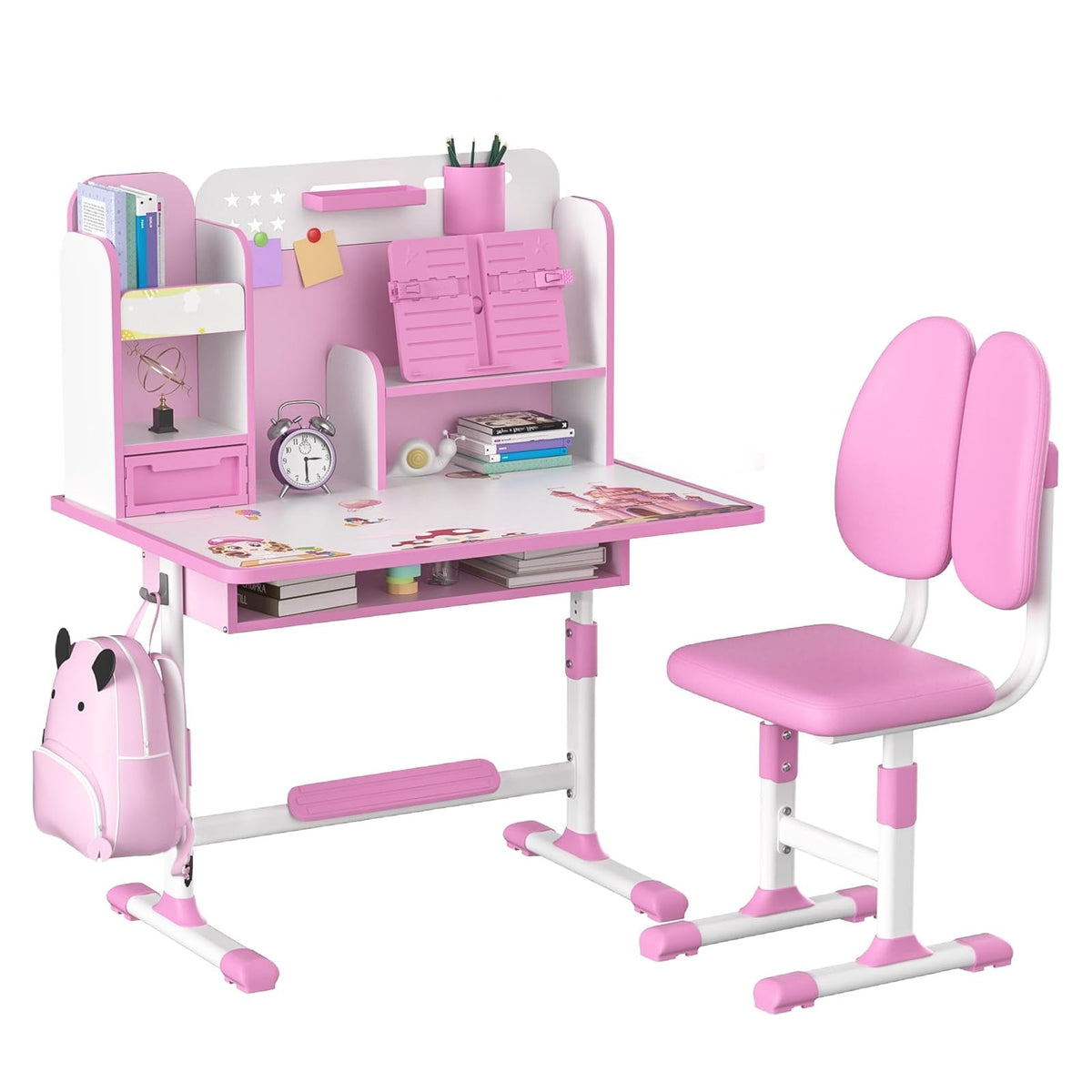 cdar Kids Desk Chair Set,Multi Functional Widened Children Desktop with Tilt Book Stand Drawer Cartoon Pattern School Height Adjustable Study Table and Set for Boys Girls (Cartoon Pink)