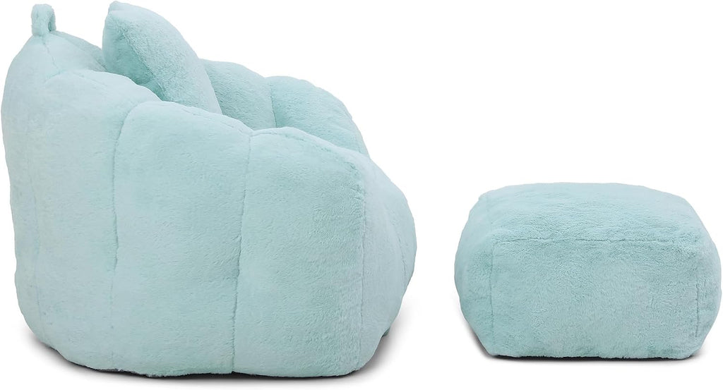 Giant Bean Bag Chair for Adults, Memory Foam Filler Big Stuffed Accent Sofa with Footstool, Faux Fur Shell-Shaped Lounge Chair for Bedroom, Gaming, Reading - Indoor Beanbag Couch for Kids (Light Blue)