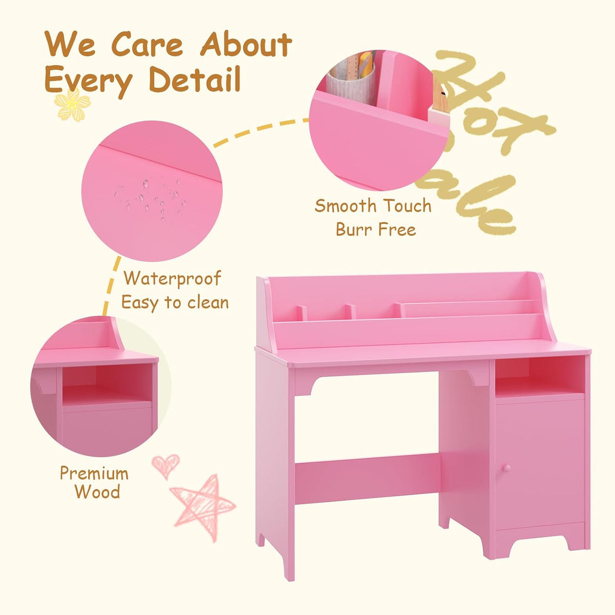 Pink Wooden Kids Desk Chair Set Hutch Storage Cabinet Study Workstation