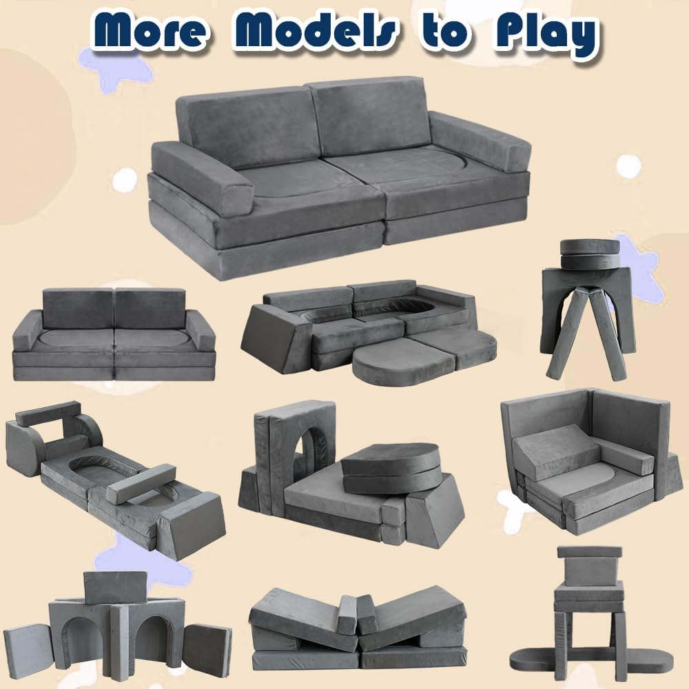 10Pcs Modular Kids Play Couch Convertible Toddler Building Fort Sofa and Cushion Child DIY Floor Sofa for Sleeping Playroom Bedroom for Boys and Girls (Dark Gray)