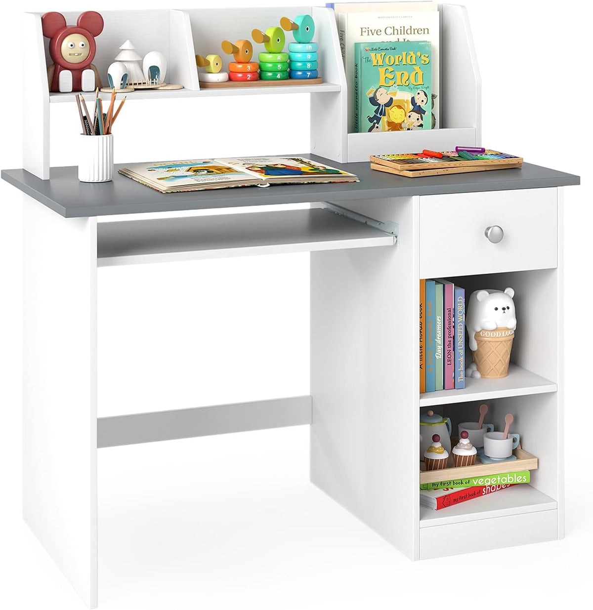 Costzon Kids Desk, Wooden Children Study Desk w/Hutch, Storage Shelves, Bookshelf & Keyboard Tray for Home School Writing or Reading, Computer Workstation Student Table for Boy Girl 3-6 (Gray)