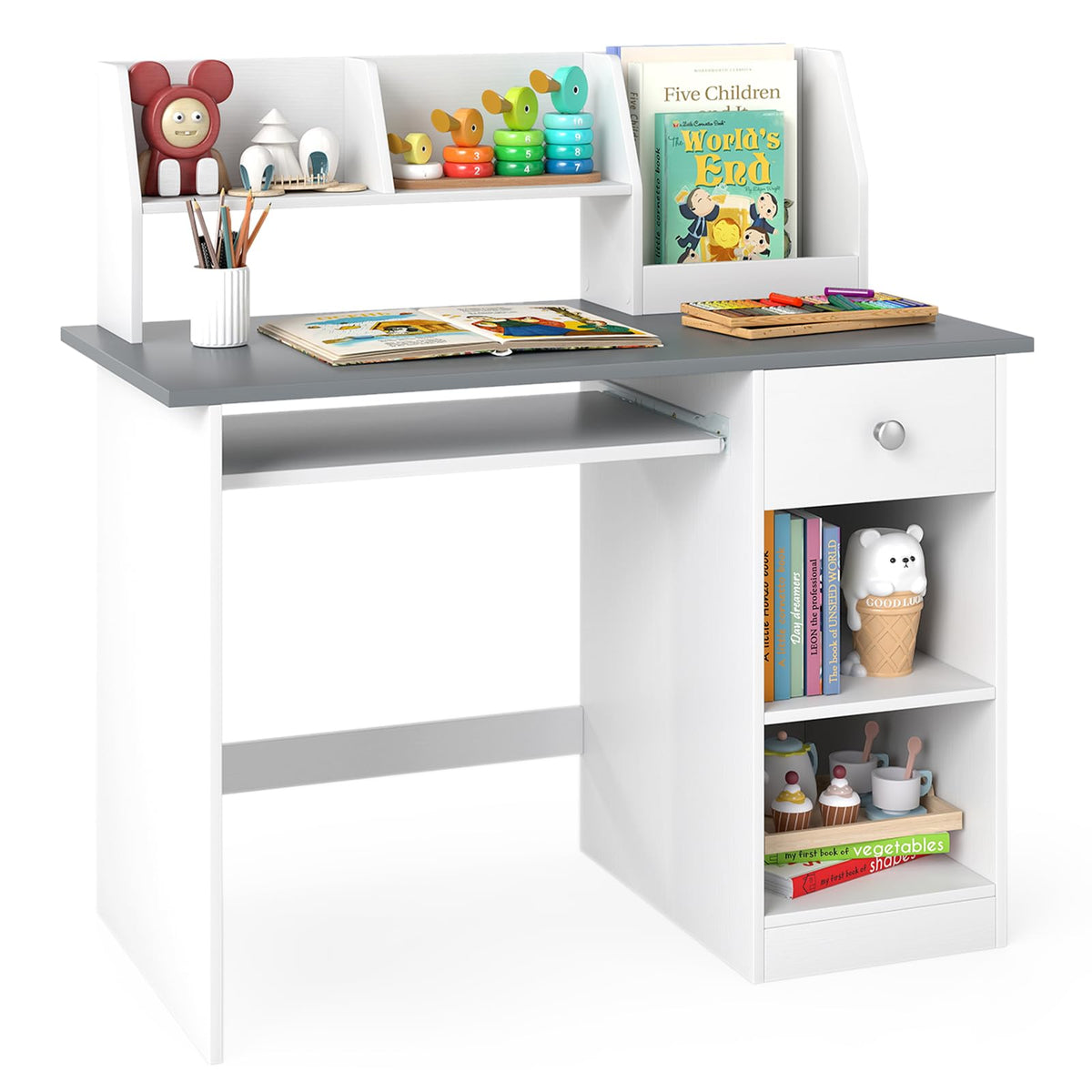 Costzon Kids Desk, Wooden Children Study Desk w/Hutch, Storage Shelves, Bookshelf & Keyboard Tray for Home School Writing, Reading or Drawing, Computer Workstation Student Table for Boys Girls 3+