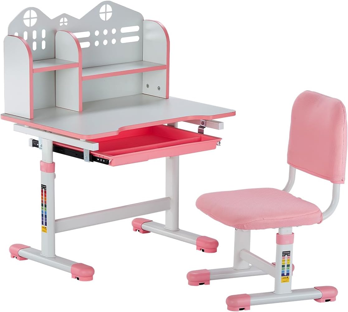 VEVOR Kids Study Chair and Desk Set, Study Desk and Chair for Kids with Bookshelf and Storage Drawer, Adjustable Height Kids Study Desk with Chair, Children Study Table for Bedroom & Study Room, Pink