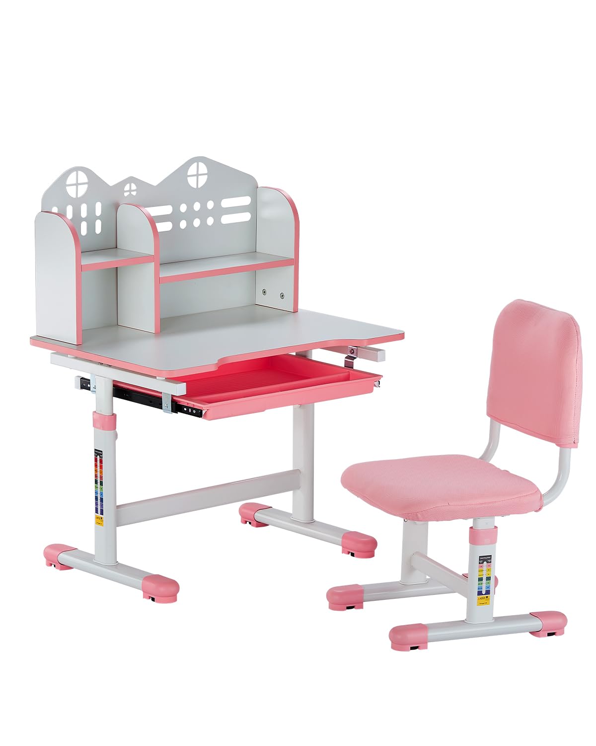 VEVOR Kids Study Chair and Desk Set, Study Desk and Chair for Kids with Bookshelf and Storage Drawer, Adjustable Height Kids Study Desk with Chair, Children Study Table for Bedroom & Study Room, Pink