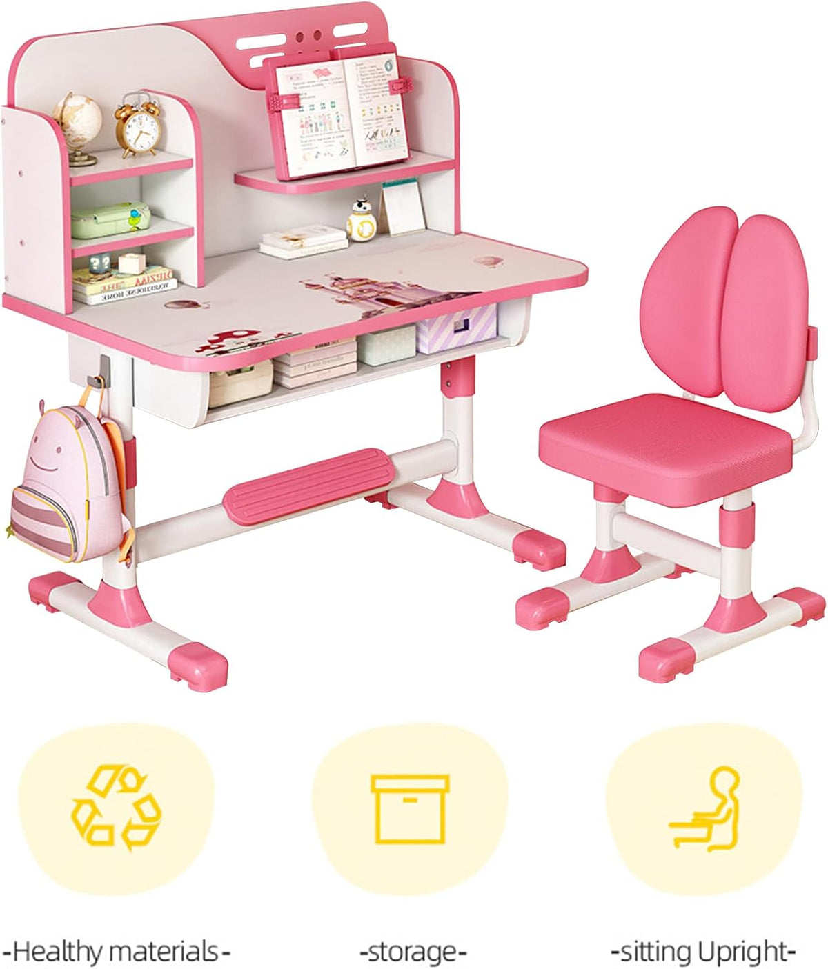 Kids Desk and Chair Set, Adjustable Height Children's Study Desk with Chair, Ergonomic Dual Back Support, 80" Wide Desktop, Astronaut Theme, for Ages 3-18, Easy Assembly (Pink)