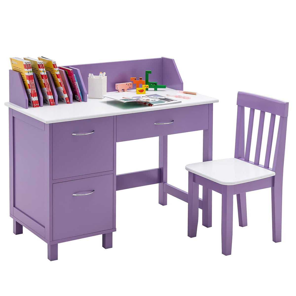 HONEY JOY Kids Desk and Chair Set, Wooden Children School Study Table and Chair w/Drawer, Storage Shelf & Cabinets, Student Computer Workstation Writing Desk for Bedroom, 3-8 Years Old (White)