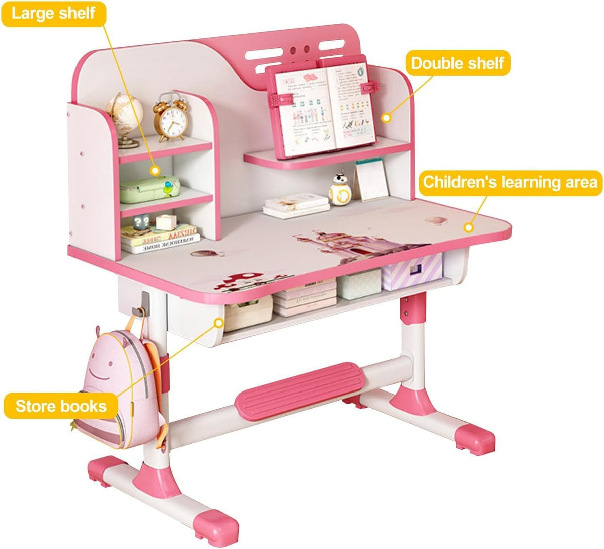 Kids Desk and Chair Set, Study Table and Chair, Desk for Kids, Children's Desks with Golden Distance Design, Homeschooling Writing Desk with Desktop for Boys and Girls (Pink 3)