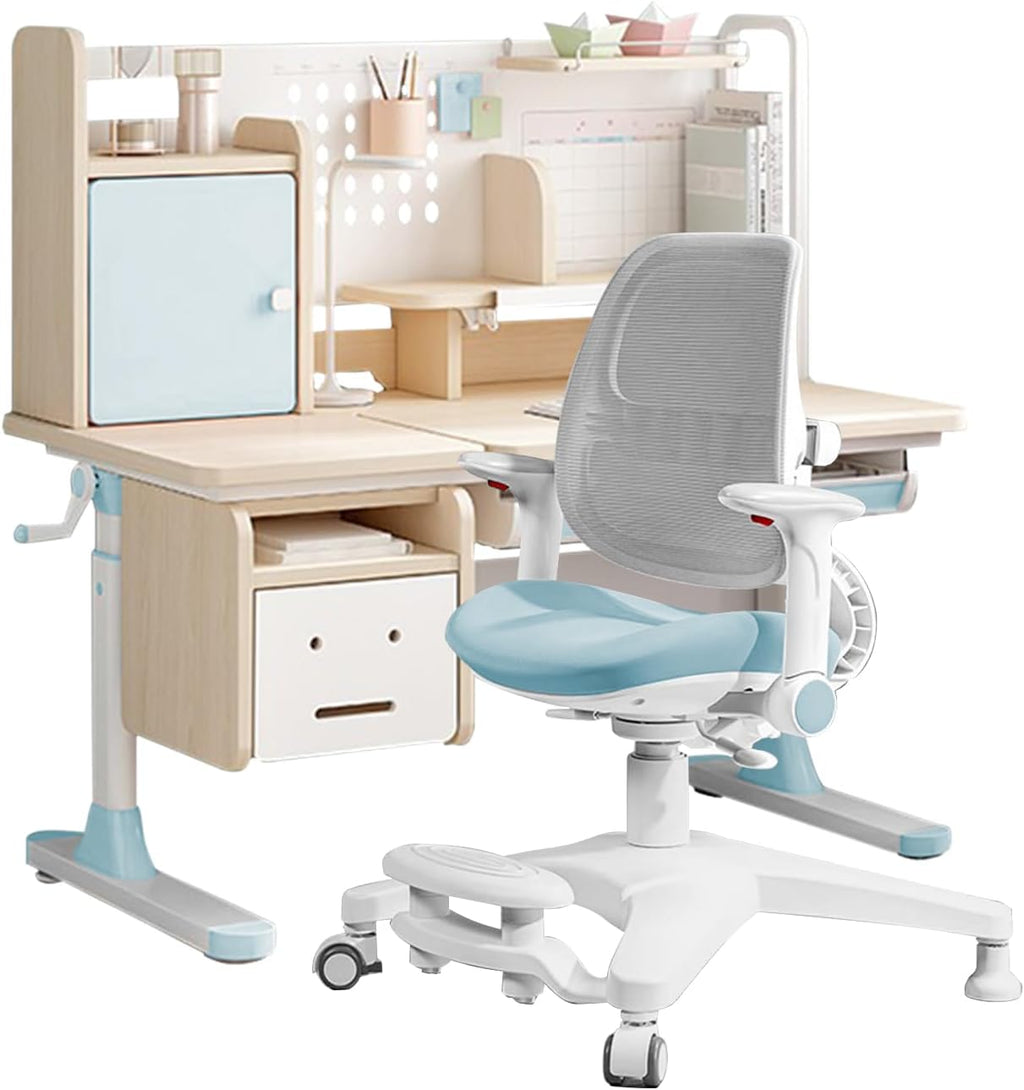 FCD Kids Desk and Chair, Adjustable Height Wood Ergonomic Study Table with Tiltable Desktop, Pull-Out Drawer, Bookshelf Hutch, Tablet Holder and Storage Drawer, Blue