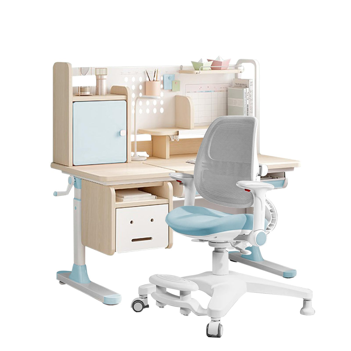FCD Kids Study Desk and Chair, Wood Adjustable Height Ergonomic Reading Study Table with Tiltable Desktop, Pull-Out Drawer, Bookshelf Hutch, Tablet Holder and Storage Drawer (Desk with Chair, Blue)