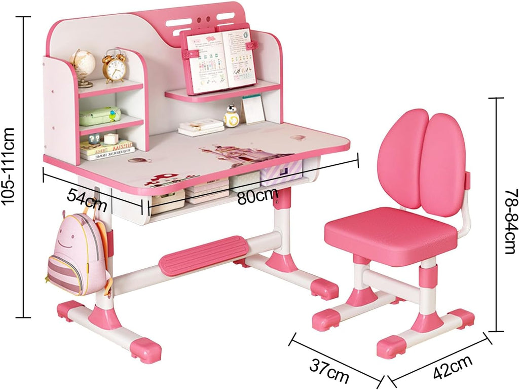 Kids Study Desk Chair Set - Height Adjustable Children's Desk and Chair School Study Table Chair with Astronaut Pattern,Ergonomic Desk Chair with Writing Board, Bookshelf and Drawer Pink