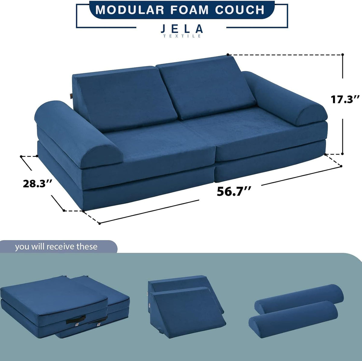jela Kids Play Couch, Safety Certified Toddler Modular Foam Couch,Convertible Playroom Furniture,Soft Building Fort Set Indoor (57"x28"x18", Navy Blue)