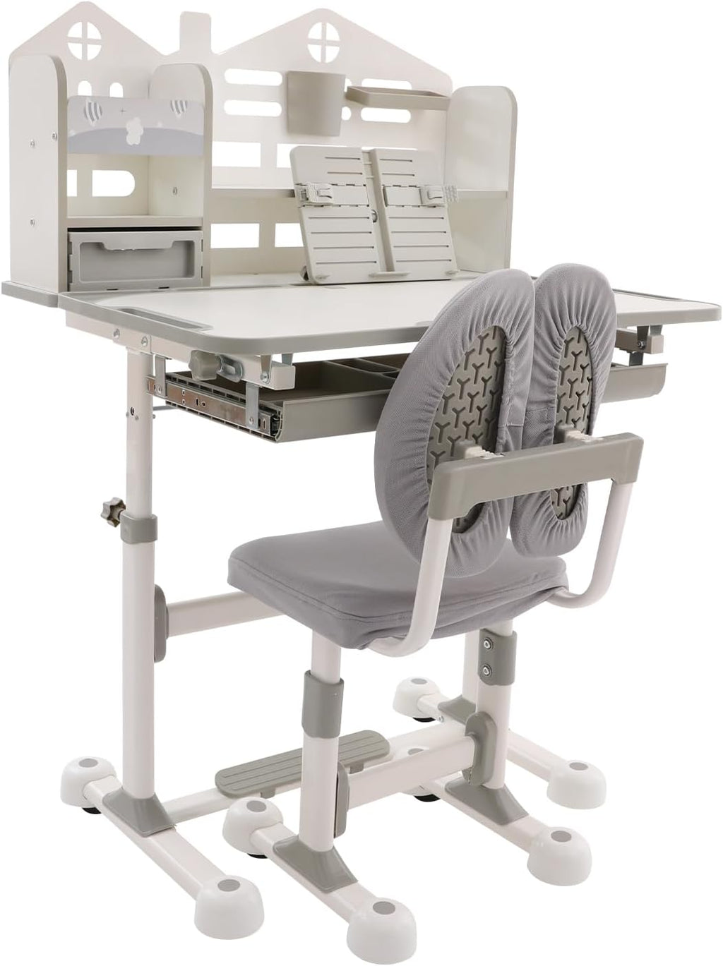 31.5'' Adjustable Kids Desk with Tilting Desktop & Bookshelf Hutch(Gray)