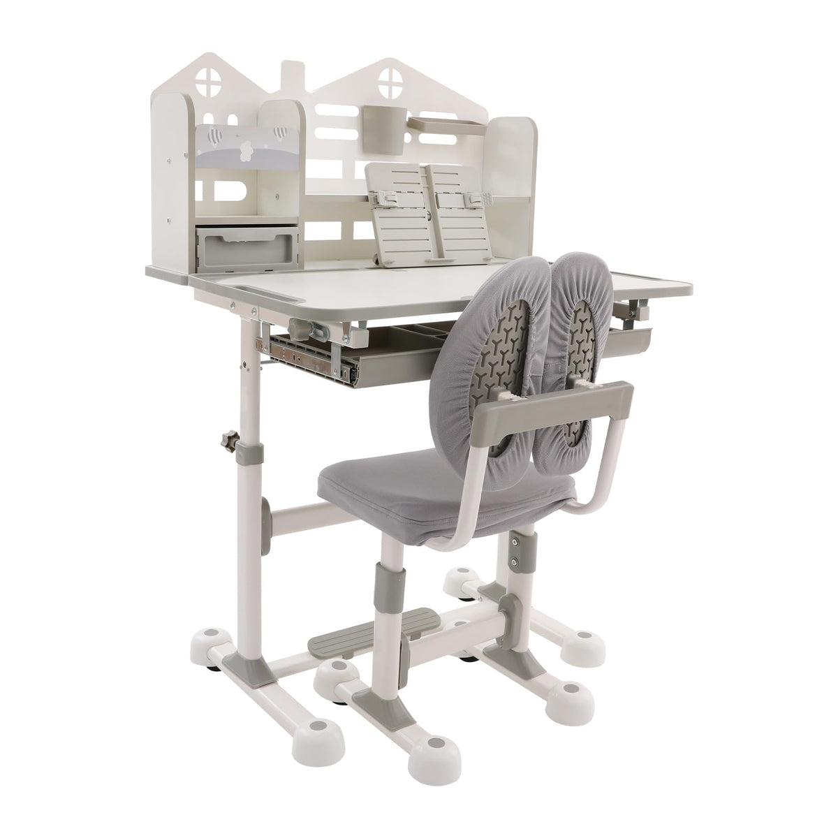31.5'' Adjustable Kids Desk with Tilting Desktop & Bookshelf Hutch(Gray)