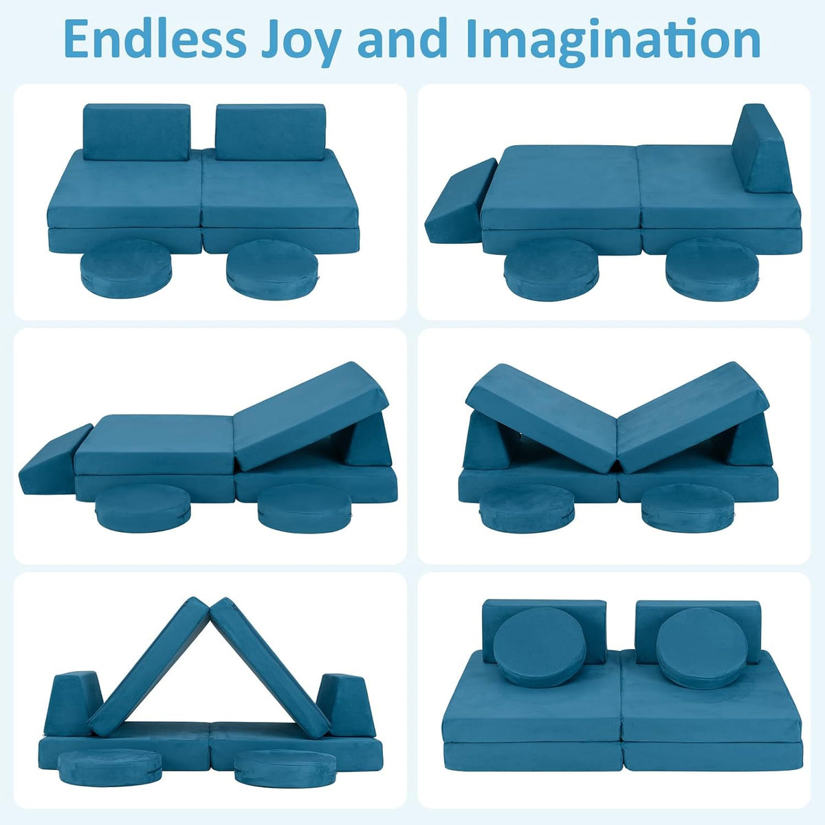 INFANS Modular Kids Play Couch, 6 PCS Toddler Creative Sectional Fort Building Sofa for Playroom, Bedroom, Children Convertible Soft Foam Furniture Playset and Floor Cushion for Boys and Girls