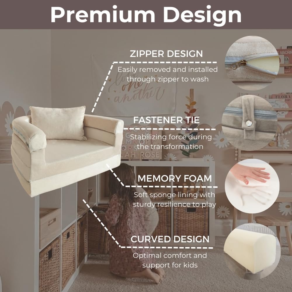 Wonder Space Kids Foam Couch with Blanket & Pillow, Pre-Assembled 3-in-1 Convertible Sofa, Indoor Foadable Lounger Chair & Flip Open Floor Bed for Boys & Girls (Ivory)