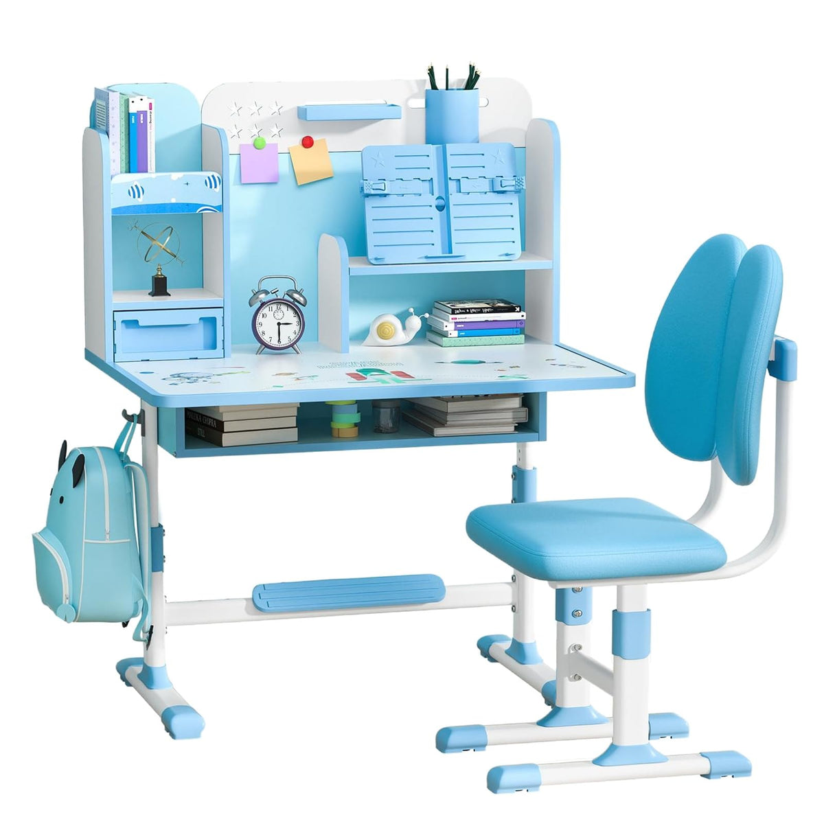 cdar Kids Desk Chair Set,Multi Functional Widened Children Desktop with Tilt Book Stand Drawer Cartoon Pattern School Height Adjustable Study Table and Set for Boys Girls (Cartoon Pink)