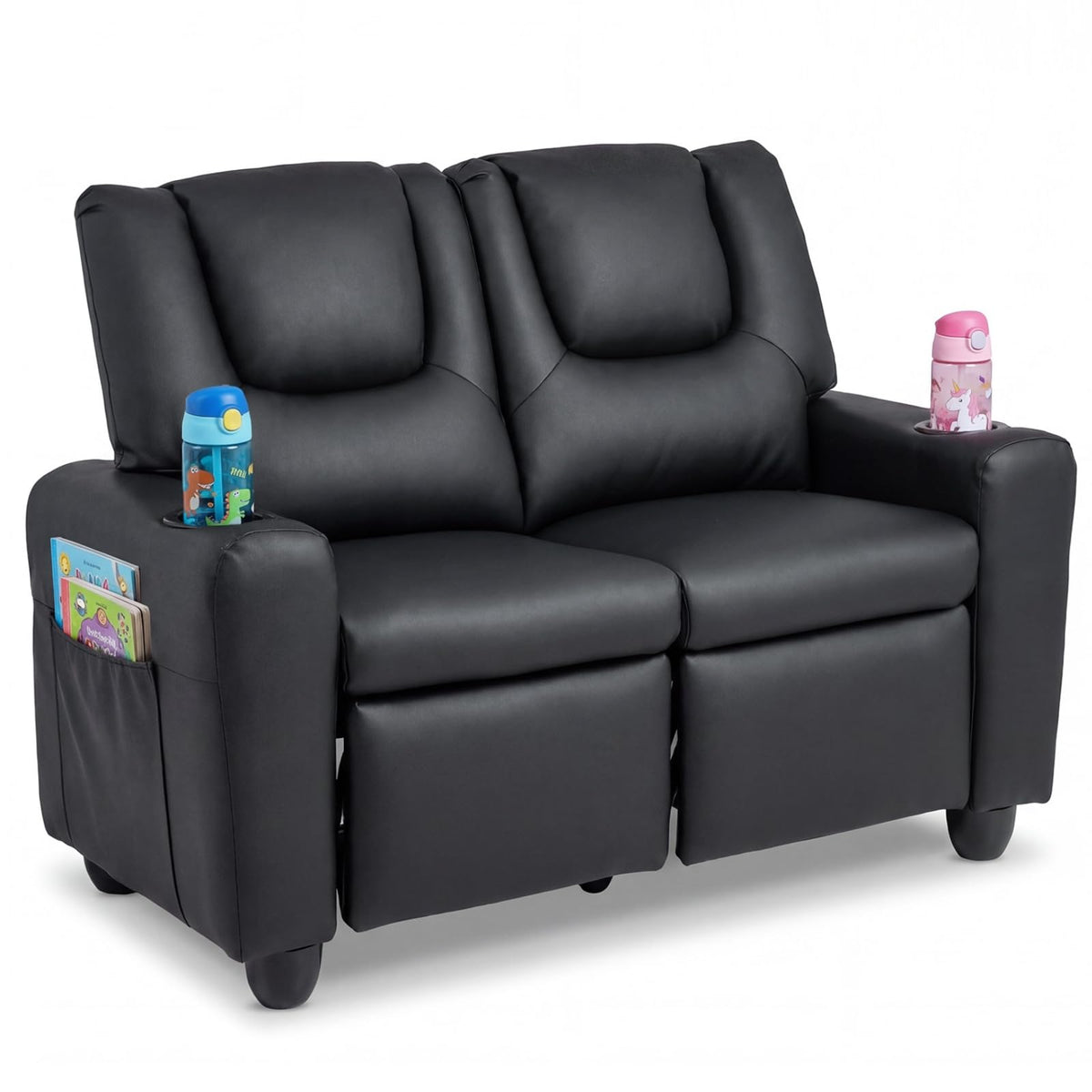 Costzon 2-Seater Kids Recliner, PU Leather Kids Loveseat w/2 Cup Holders & 2 Side Storage Pockets, Toddler Lounge Sofa Chair Couch w/Adjustable Backrest & Footrest for Girls & Boys 3+ Years Old Gifts