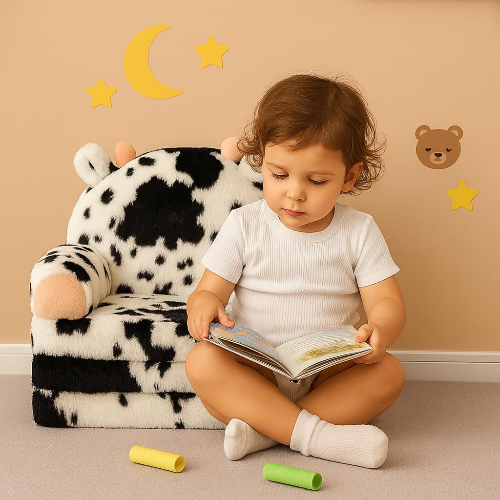 QIUODO Comfy Toddler Couch Chair, 2-in-1 Foldable Kids Sofa, Cow