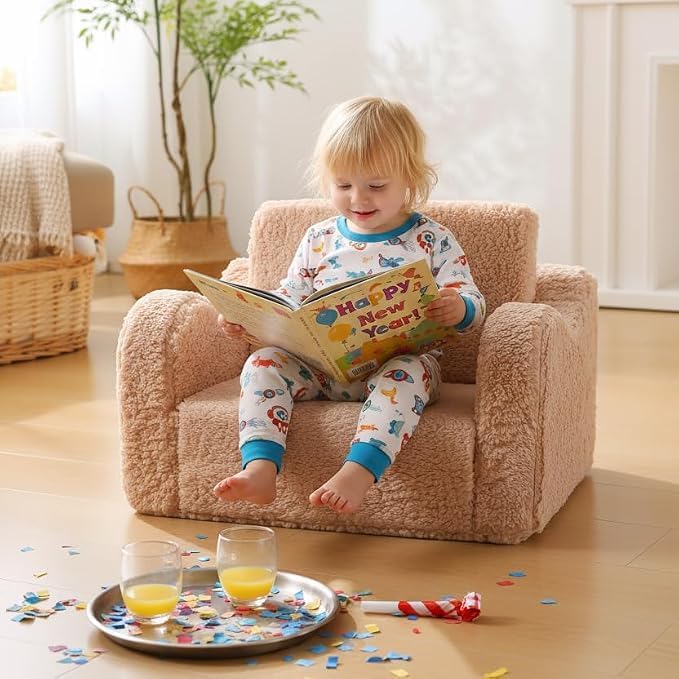Toddler Couch 2-in-1 Flip Open Sherpa Kids Sofa Chair, Light Brown