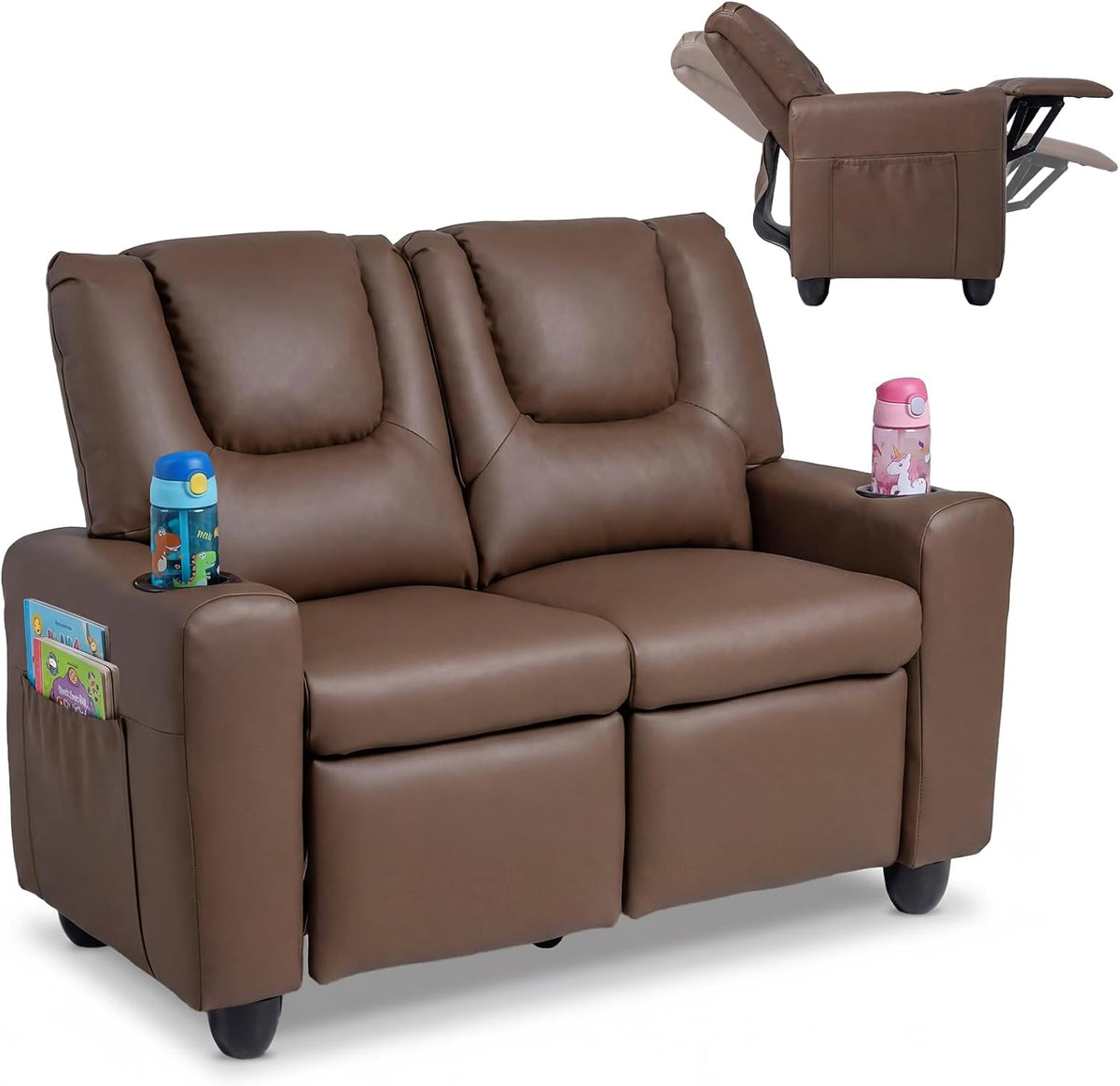 Costzon 2-Seater Kids Recliner, PU Leather Kids Loveseat w/2 Cup Holders & 2 Side Storage Pockets, Toddler Lounge Sofa Chair Couch w/Adjustable Backrest & Footrest for Girls & Boys 3+ Years Old Gifts