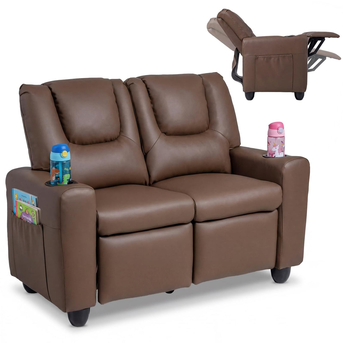 Costzon 2-Seater Kids Recliner, PU Leather Kids Loveseat w/2 Cup Holders & 2 Side Storage Pockets, Toddler Lounge Sofa Chair Couch w/Adjustable Backrest & Footrest for Girls & Boys 3+ Years Old Gifts