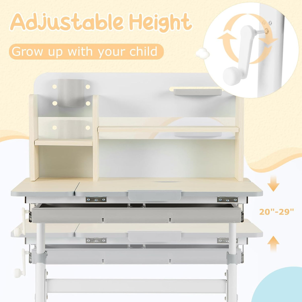 GLACER Desk for Kids, Ergonomic Children Standing School Table with 0-60° Tiltable Surface, Pen Holder, Height Adjustable Kids Study Desk, Wooden Workstation for Little Boys and Girls Aged 3-12 (Gray)