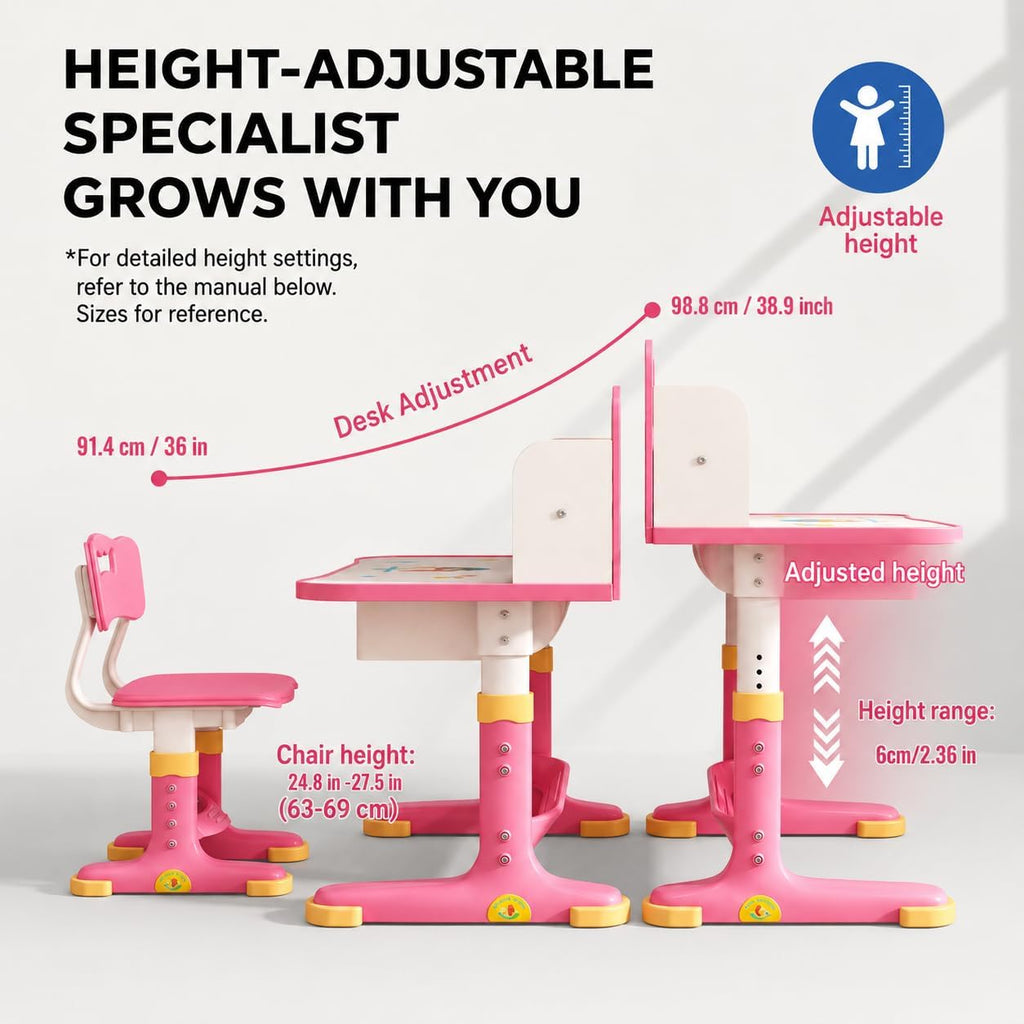 Kids Study Desk and Chair Set, Height Adjustable Children School Study Desk with Castle Backboard,Ergonomic Small Desks Widened Desktop, Study Table with Bookstand Storage Drawer (Pink)