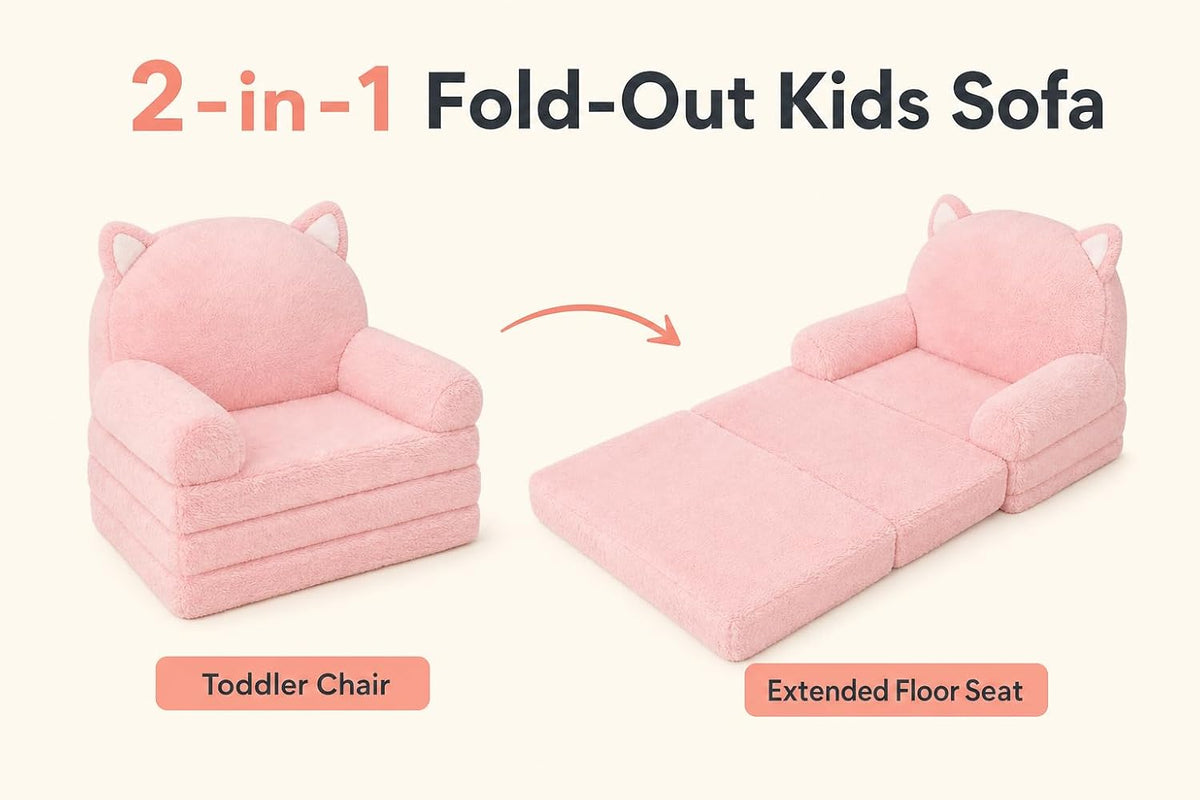 MONKISS Kids Couch, Comfy Toddler Chair, 2 in 1 Fold Out Kids Sofa