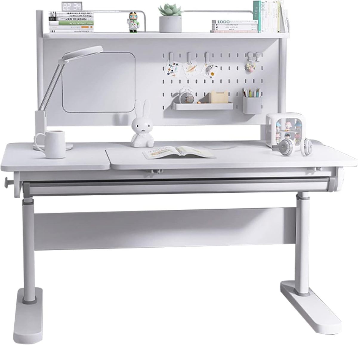 FCD Kids Desk, Height Adjustable Wood Children Study Computer Desk with Large Shelf, Tiltable Desktop and Pull-Out Drawer
