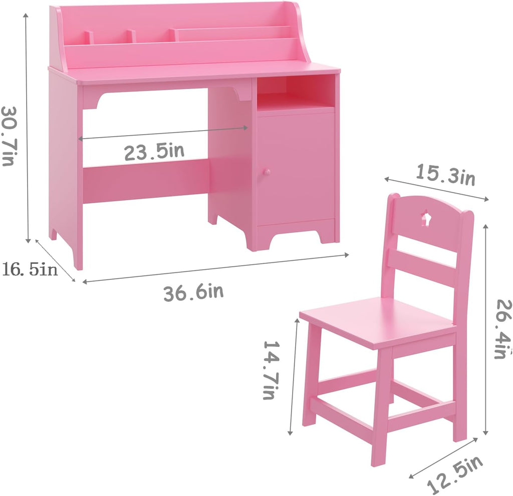 Pink Wooden Kids Desk Chair Set Hutch Storage Cabinet Study Workstation