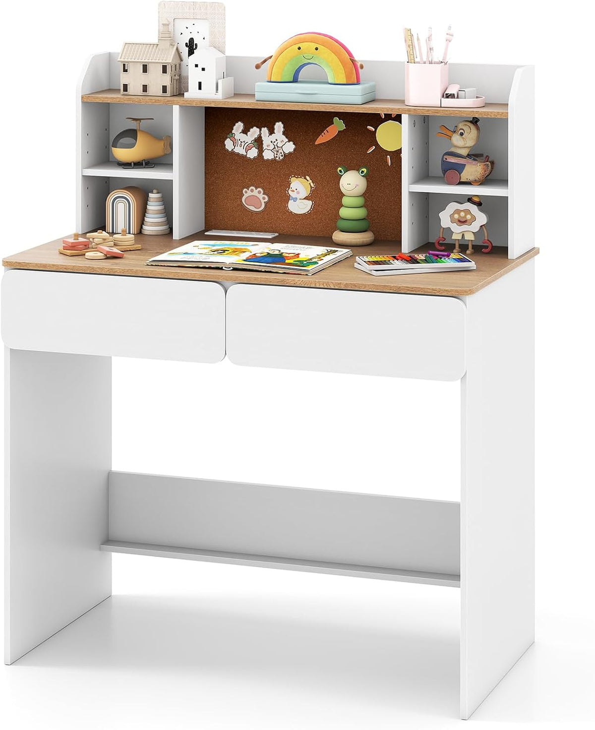 HONEY JOY Kids Study Desk w/Hutch, Cork Bulletin Board & 2 Drawers, Writing Table w/Charging Station & 5-Level Adjustable Shelves, Multifunctional Student Desk for Boys and Girls Aged 8-12