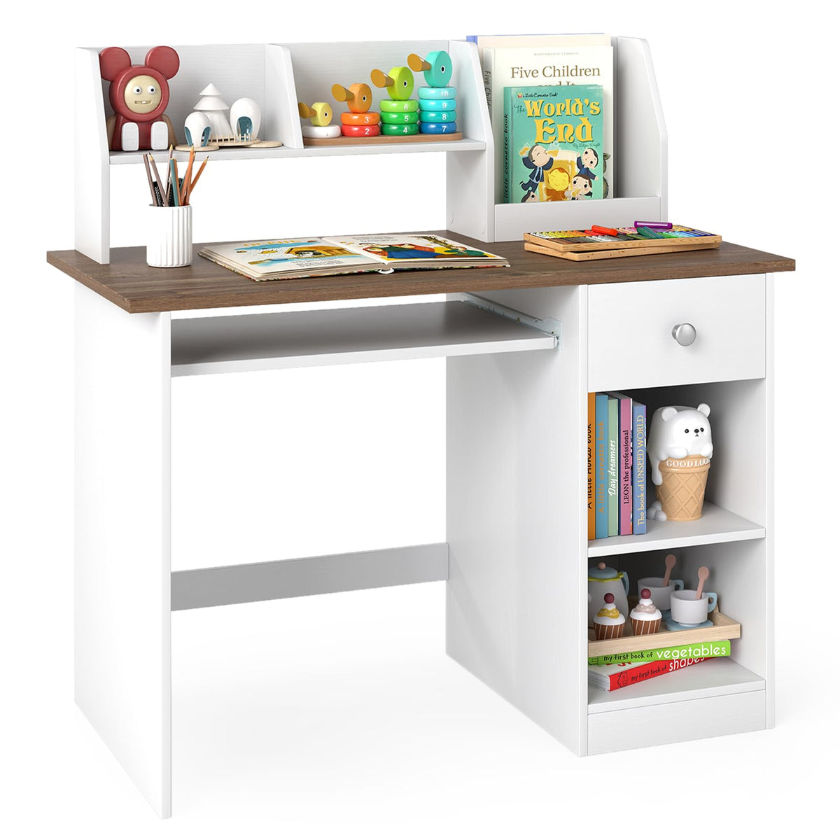 Costzon Kids Desk, Wooden Children Study Desk w/Hutch, Storage Shelves, Bookshelf & Keyboard Tray for Home School Writing, Reading or Drawing, Computer Workstation Student Table for Boys Girls 3+